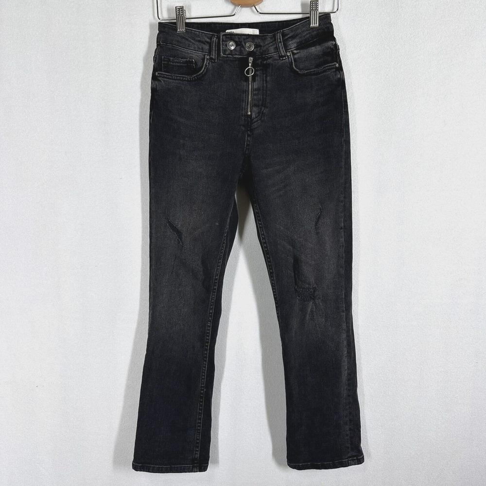 Zara Black O Ring Exposed Zip Straight Cropped High Rise Ankle Jeans 2 Trendy‎